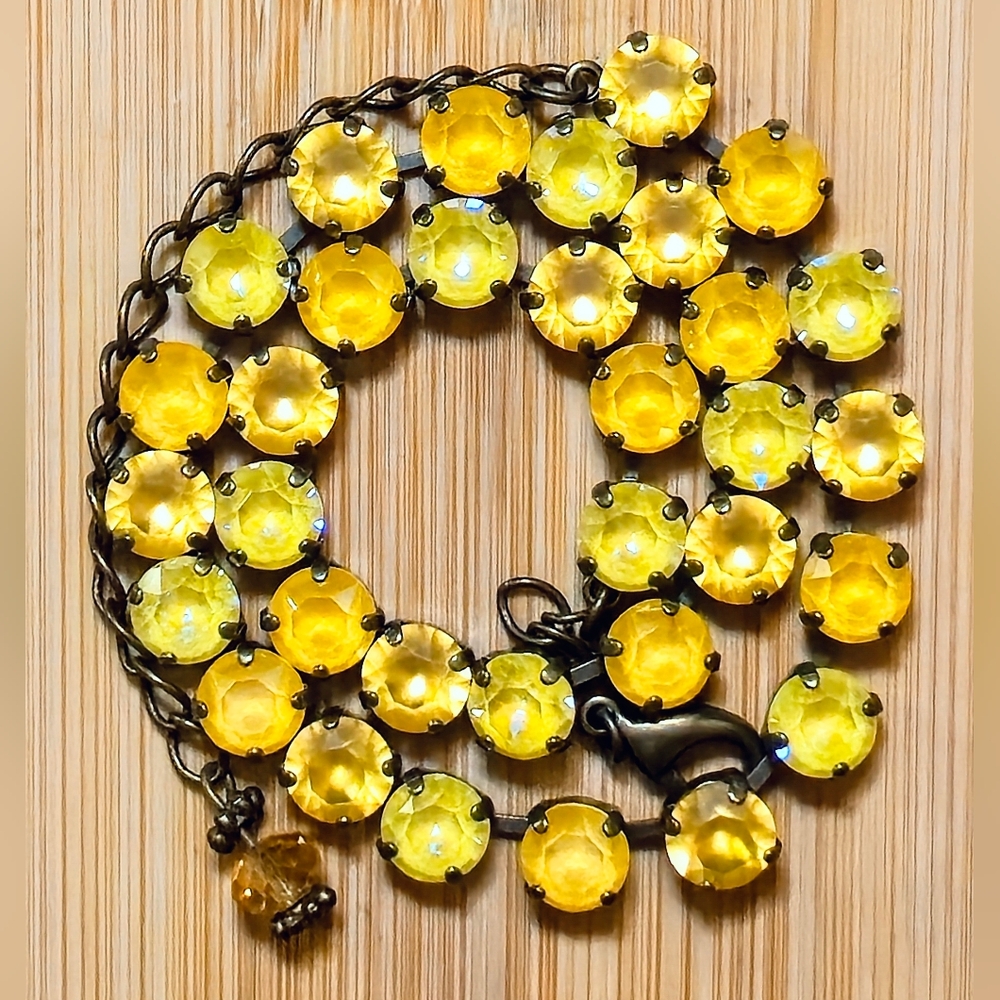 Bright Yellow Sunflower Crystal in Classic Tennis BRASS Necklace